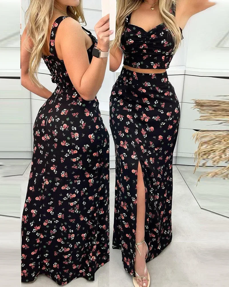 Conjunto floral de duas peças para mulheres, roupas de praia dividida, saia de cintura alta, top recortado, saia maxi longa, roupas casuais, verão