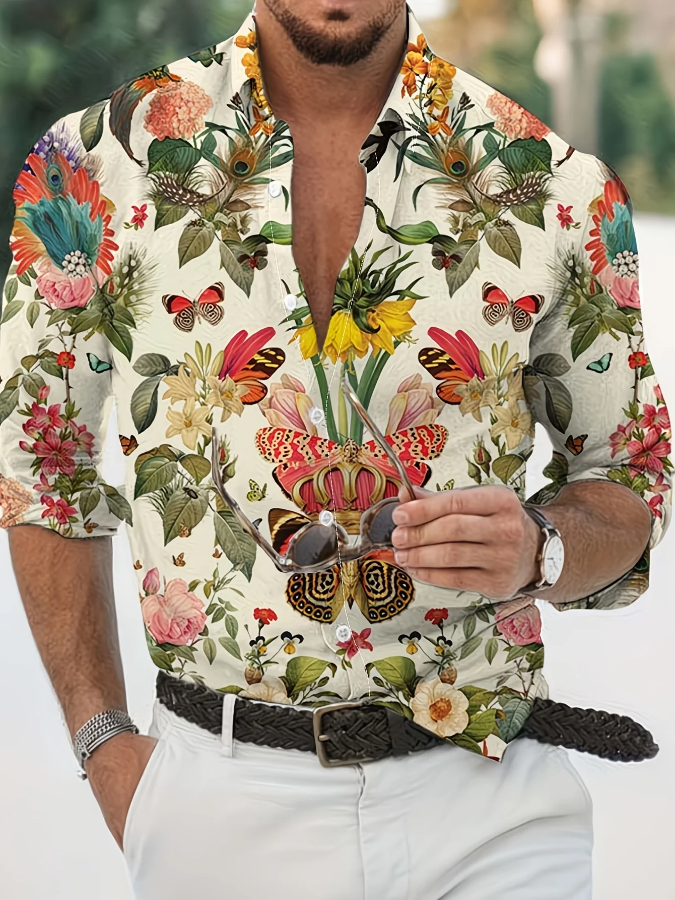 Men's Shirt Long Sleeve Vintage Floral Butterfly Print Turn‑Down Collar Button Front Loose Casual Autumn Holiday Top Men Clothes