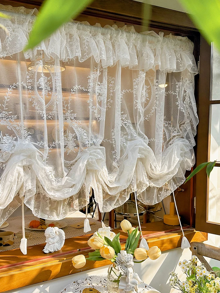 White Gauze French Romantic Ruffle Roman Drawstring Curtains Kitchen Partition Half Curtain Lace Water Wave Decor Custom Tulle