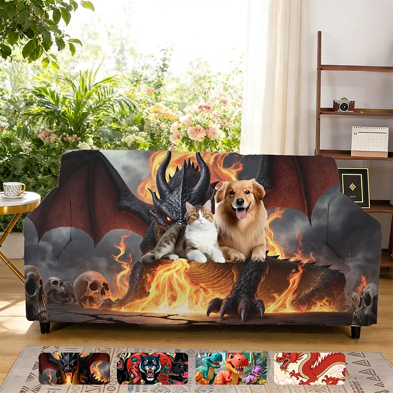 Elastic sofa cover, the flame domain of the dark dragon king, art pattern integrated sofa cover, furniture protective cover