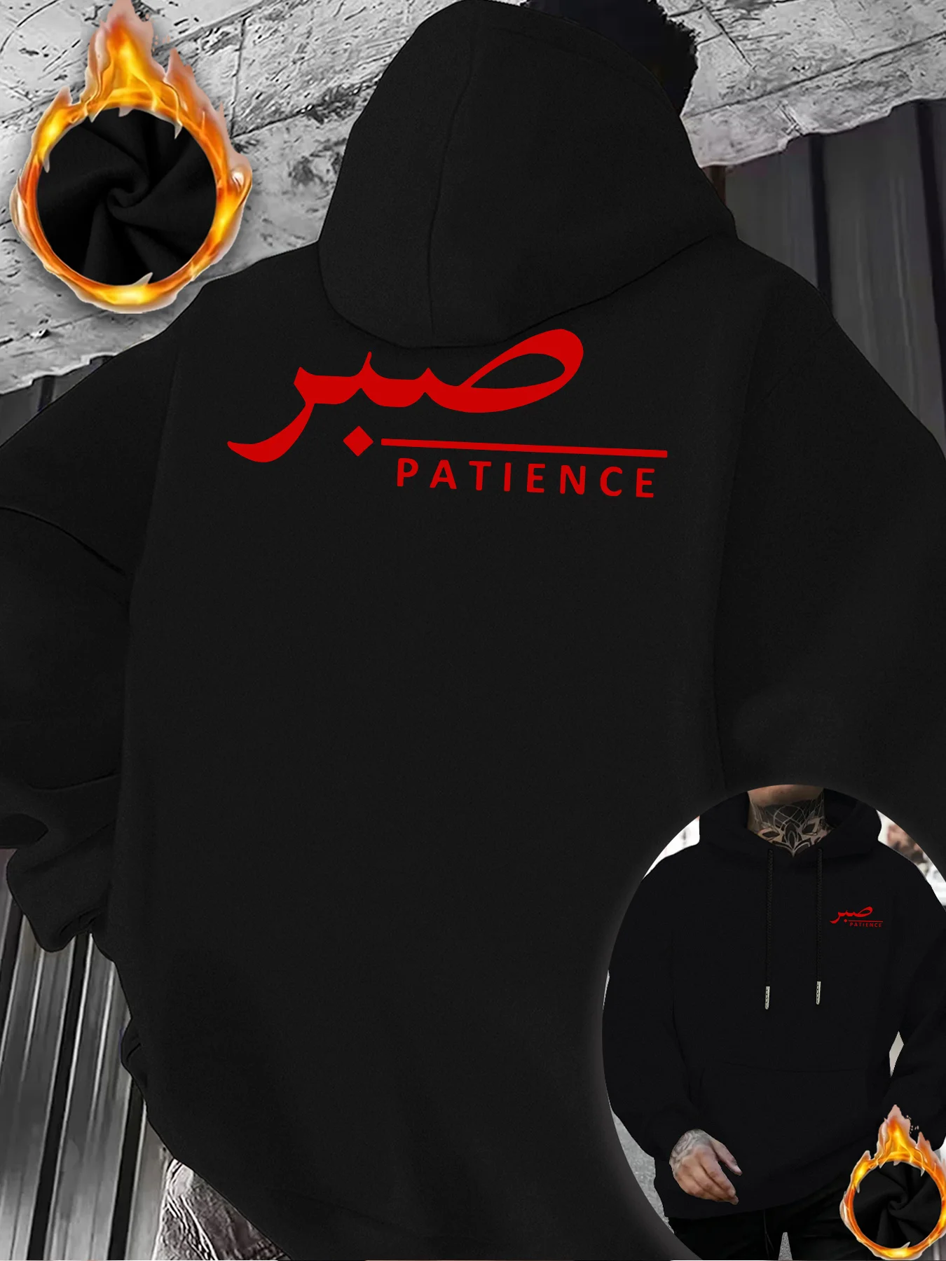 New men's fleece-lined hooded sweatshirt for autumn/winter, featuring an Arabic 