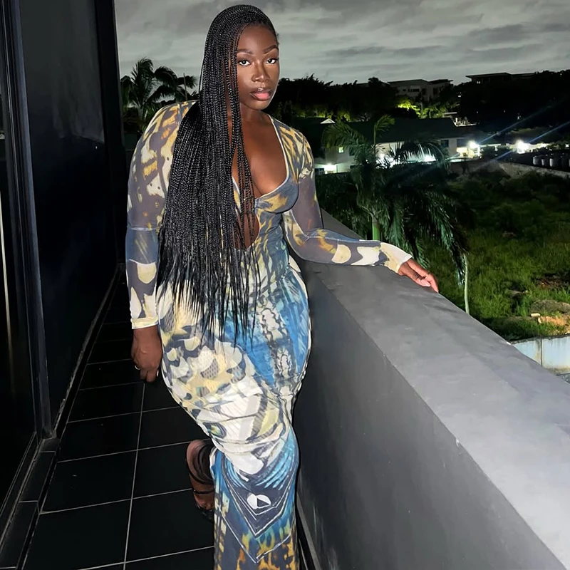 Butterfly Print Dress Woman Metal Ring Hollow Low-Neck Full Sleeve Splits Robe Midnight Elegant Sexy Faashion Vestidos