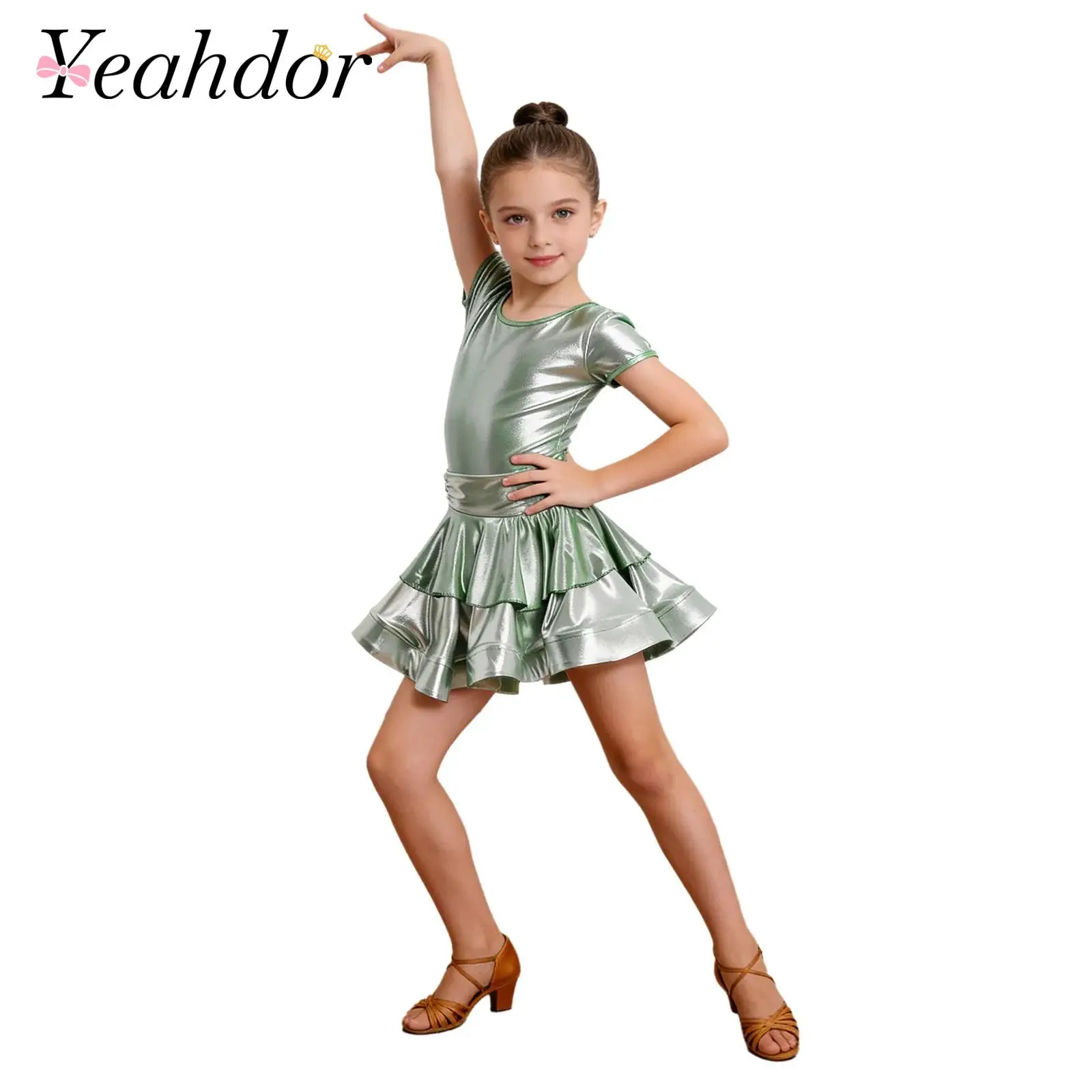 

Kids Girls Latin Dance Performance Dance Dress Tiered Ruffled Metallic Party Dress Rumba Competition Ballroom Dancing Dress