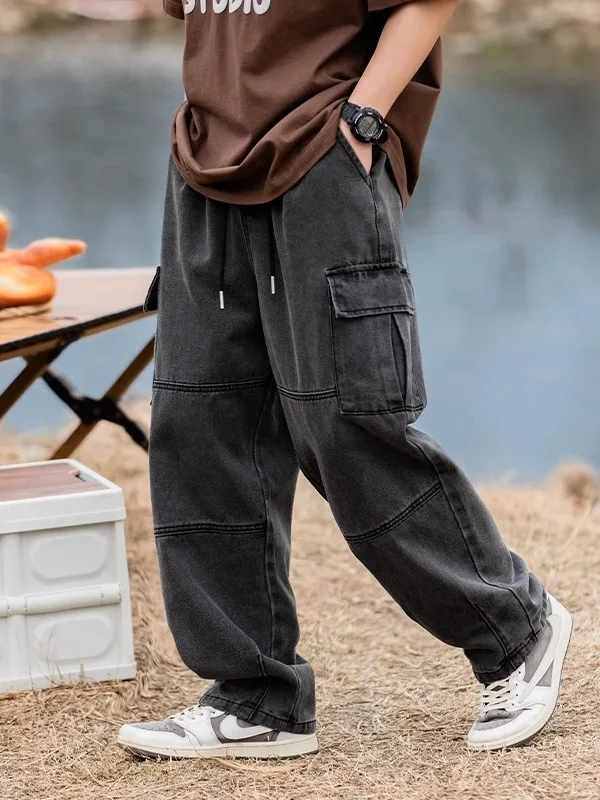 

Casual Men's Workwear Jeans Dstring Elastic Waist Loose Straight Leg Long Pants Trendy Versatile Spring Faion