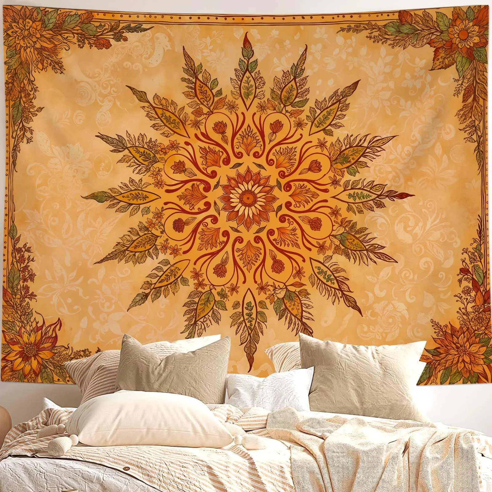 VIKAMA Bohemian Sonnenblumen-Wandteppich Mandala für Schlafzimmer, Wohnheim, Wohnzimmer, Ästhetischer Wandbehang, Heimdekoration