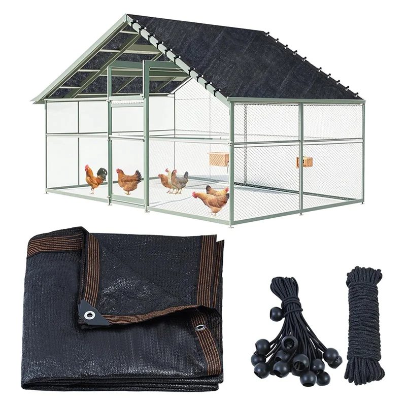 JHD UV 90% Shade Cloth For Summer 11.5 X 6.6 FT Chicken Coop Cage Cover With 20Pcs Ball Bungees Cords