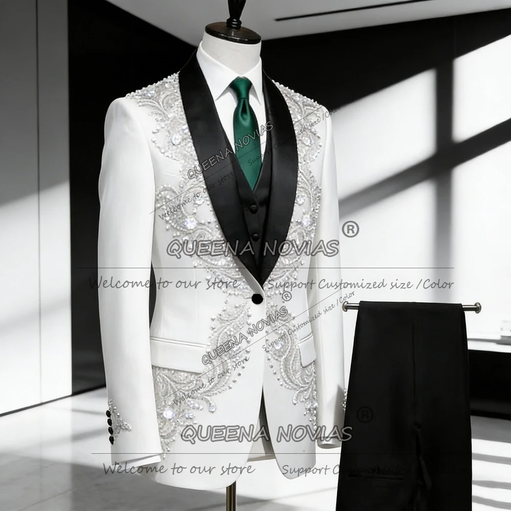 Exclusive Sliver Beaded Stones Suits Men Formal Party Man Attire Customized Black Shawl Lapel Prom Blazer Male Fashion Tuxedos