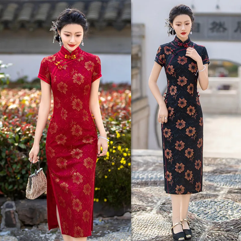 

Old Shanghai Retro Chinese Style Cheongsam for Middle-Aged and Elderly Women Qi Pao Summer New Synthetic Lace
