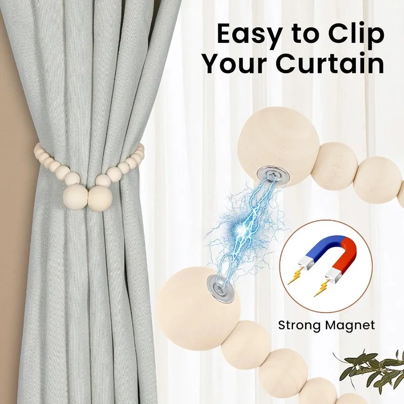 Magnetic Wood Bead Curtain Tiebacks, Curtain Holders for Boho Bedroom, Baby Nursery, Farmhouse Decor, Wood Color, 2 Packs