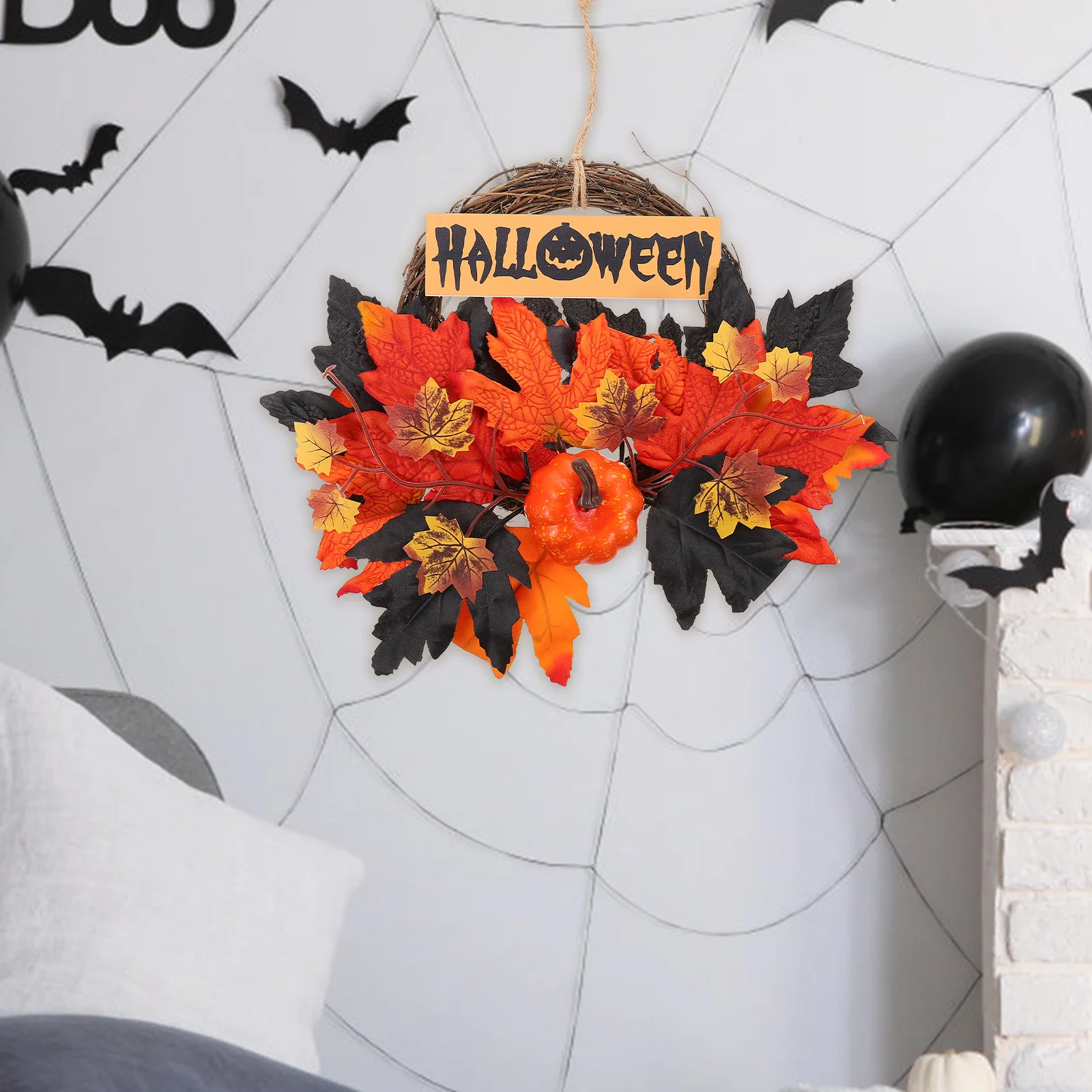 

Halloween Vine Wreath Pumpkin Maple Leaf Hanging Front Door Window Decor Party Festival Hanging Garland Decoration