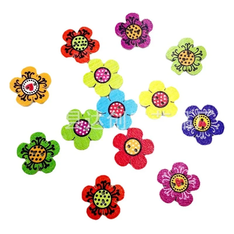 Cinco botones de flor de ciruelo de 2 cm, botones de madera con estampado de girasol, botones de bricolaje de madera 100 en un paquete.