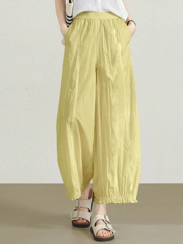 

Loose Elastic Waist Wide Leg Nine-Tenths Pants Pure Color Casual Trousers for plus Size Women Summer New Style Wooden