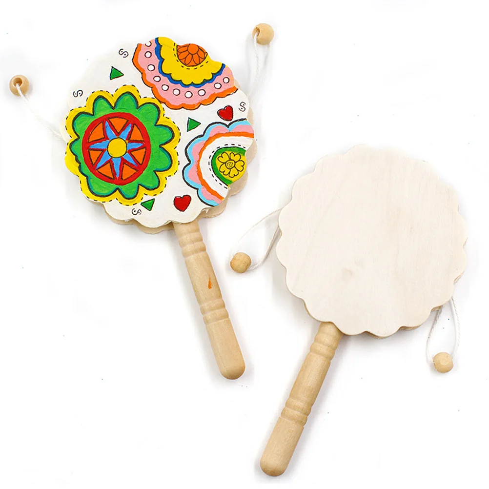 

3 Pcs Children's Handmade Toys Desktop Ornament Wood Grain Rattle-drum Ornaments Unfinished Craft Maple Musical Instrument