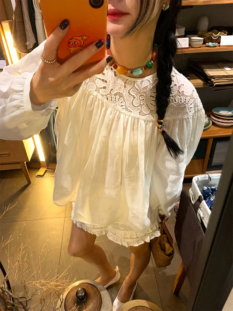 

Women's Loose Oversized Shirt French Style Cotton Linen White round Neck Long Sleeve Spring Summer Color Casual Top