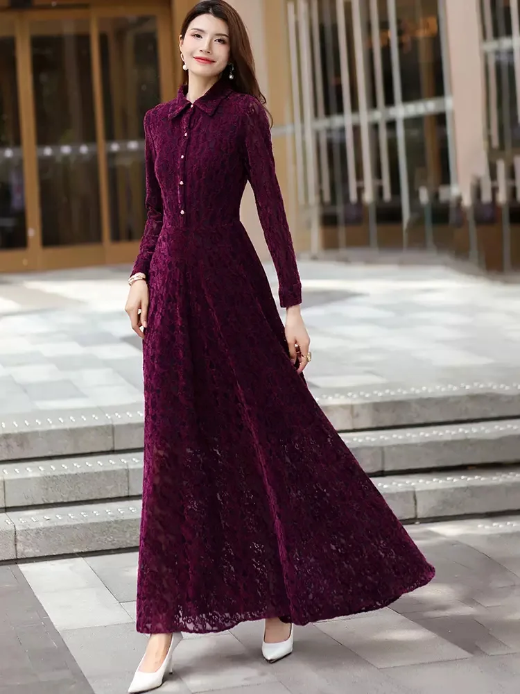 Nuovo vestito lungo in pizzo viola primavera-estate delle donne Moda Turn-down collare manica lunga Flocking Shirt Dress Elegante bel vestito