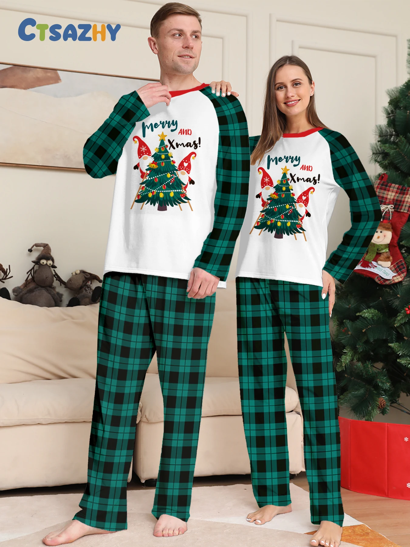 

Festive Couple Matching Christmas Pajamas - Raglan Tree Gnomes "Merry Xmas" & Green Plaid
