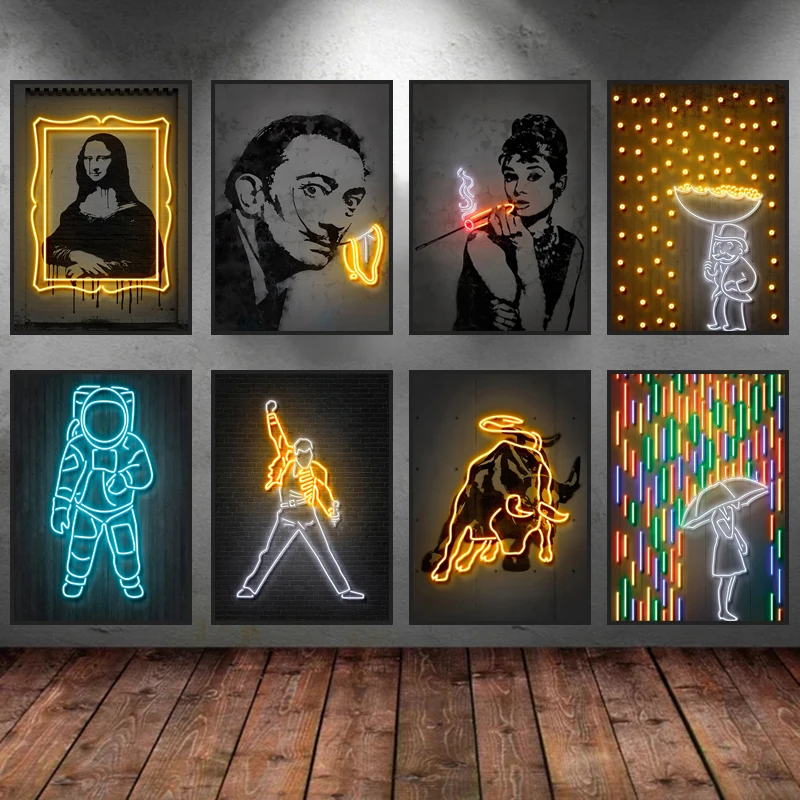 Modern Neon Sign Mona Lisa Poster Monkey Artwork Canvas Painting Print Abstract Wall Picture Game Room Bedroom Decoration NO LED