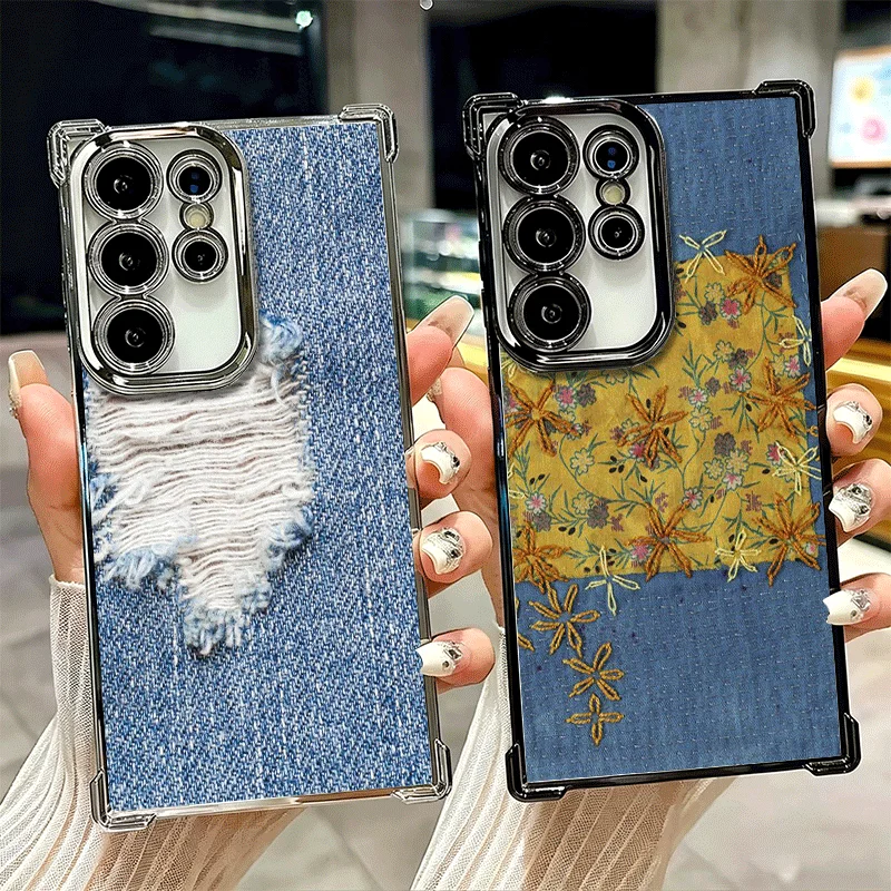 Retro Denim Pattern Plating Phone Case For Samsung Galaxy S26 S25 Edge S24 S23 Ultra S22 S21 Plus S20 FE Anti-Fall Protection Co