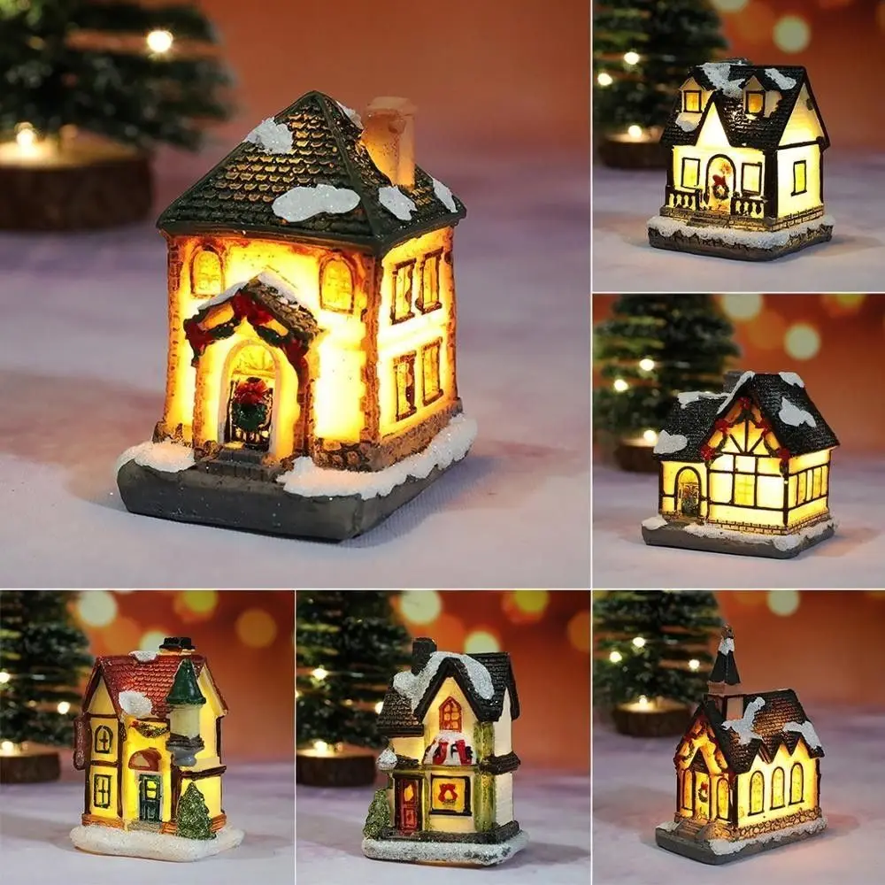Resin Christmas Light House Home Xmas Miniature House Christmas Village Furniture Kerstdorp House Decorate Christmas Party