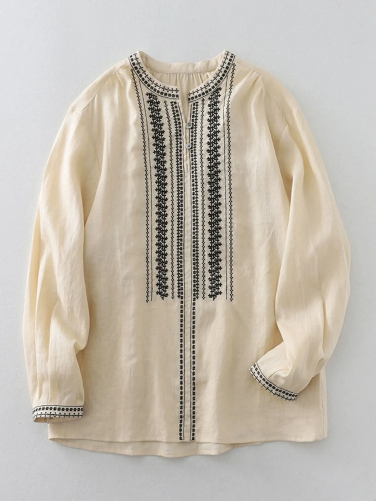 Japanische Sle Loose Linen irt Damen V-Ne bestickte lässige, faionable Top Pendlerfreundliche Ele trendige Bluse