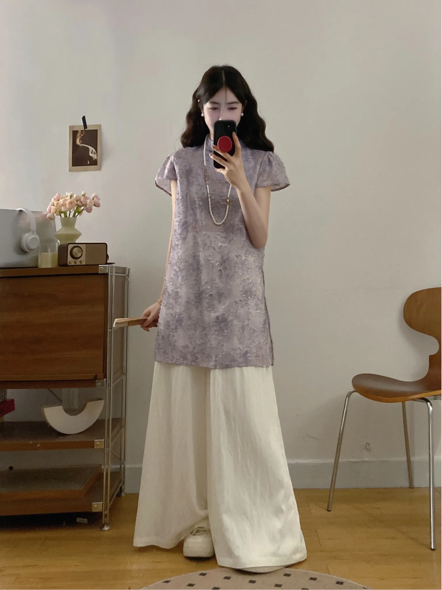 

plus Size Chinese Style Set Summer New Design Sensation Short Sleeve Embroidered Split Wide Leg Pants Versatile High Waist