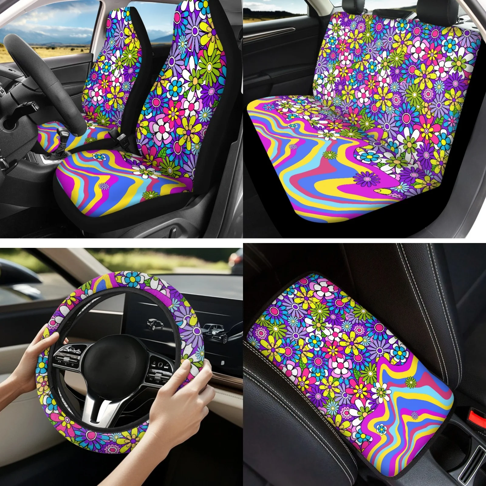Coloranimal Retro Floral Print Set of 13 Car Seat Cover Set with Removable Lip Balm Pouch and Seatbelt Covers for Trucks