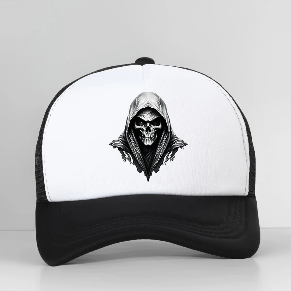 

Grim Reaper Death Skull Print Baseball Cap Summer Fashion Outdoor Adjustable Breathable Mesh Trucker Hat