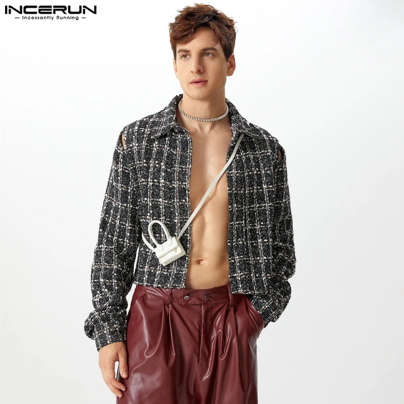 INCERUN Tops 2024 American Style Fashion Men's Plaid Shoulder Hollow Sexy Cropped Shirt Casual Clubwear Male Long Sleeved Blouse