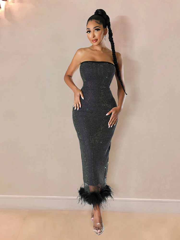 Women\'s Strapless mesh Hotfix Rhinestone Long Feather Sexy Fashion Slim Black Dress Evening Off Shoulder Elegant Party Dress