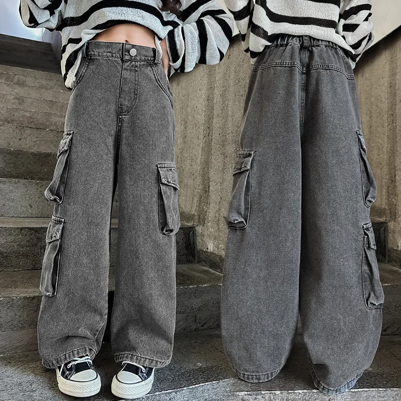 2024 Autumn Fashion Kids Casual Denim Pants Teenage Girls Wide Leg Cargo Jeans School Young Children Straight Baggy Trousers 15Y