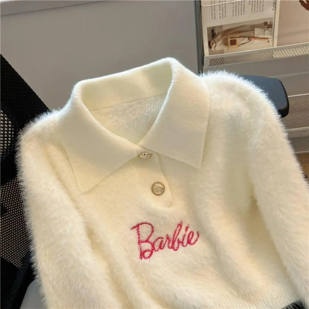 Cute Girls Barbie Knitting Sweater Kawaii Polo Collar Short Style Gentle Soft Knitted Tops Spring Student Sweater Tops Fashion