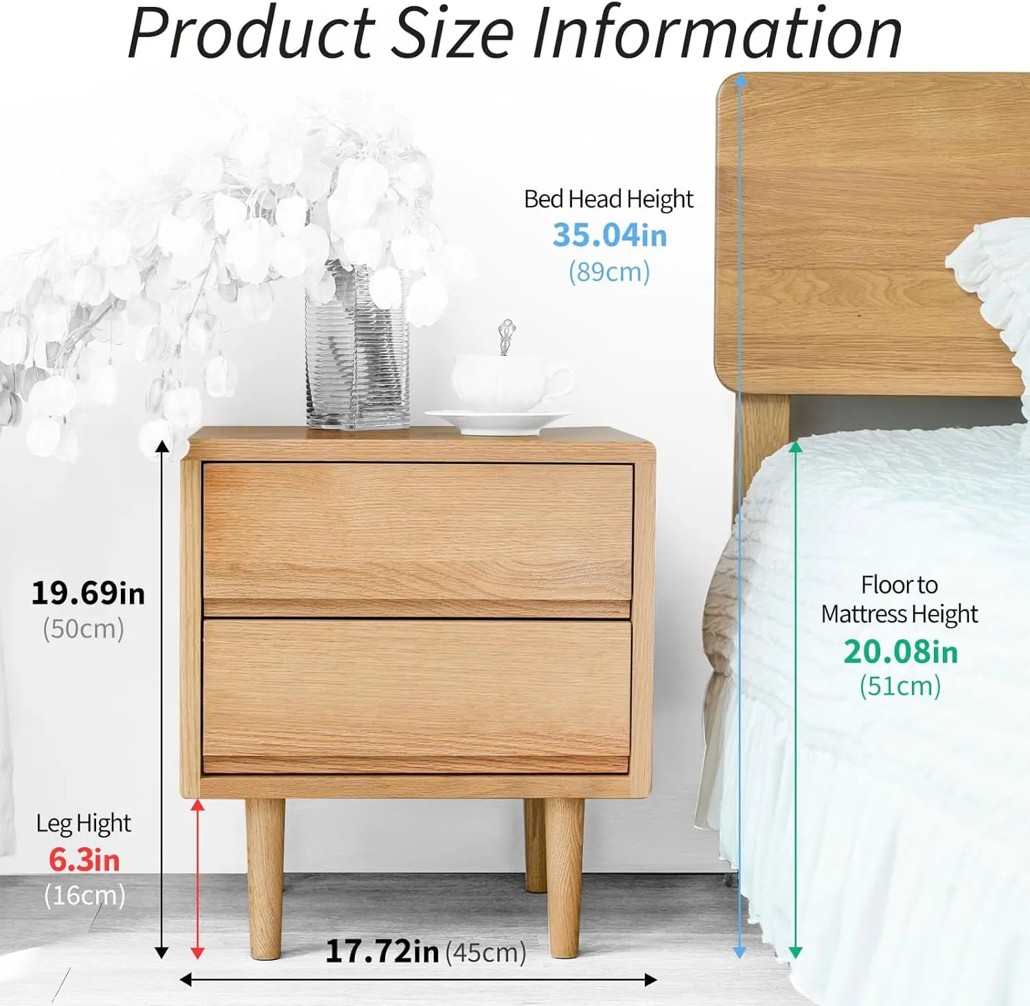 Mesita de noche moderna de roble de mediados de siglo con dos cajones, mesa auxiliar pequeña de estilo bohemio, 17,72 de ancho x 15,75 de profundidad x 19,69 de alto