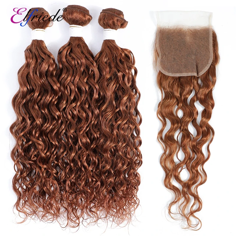 Elfriede #30 Medium Auburn Water Wave Colored Hair Bundles with Closure 100% Remy Human Hair 3 Bundles with Lace Closure 4x4