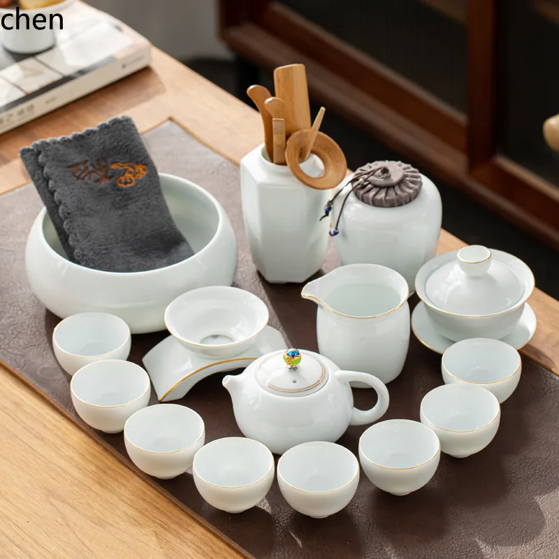 H1 white porcelain kung fu tea set suitfor homecasual tea making office guest mutton fat jade bowl tea cup