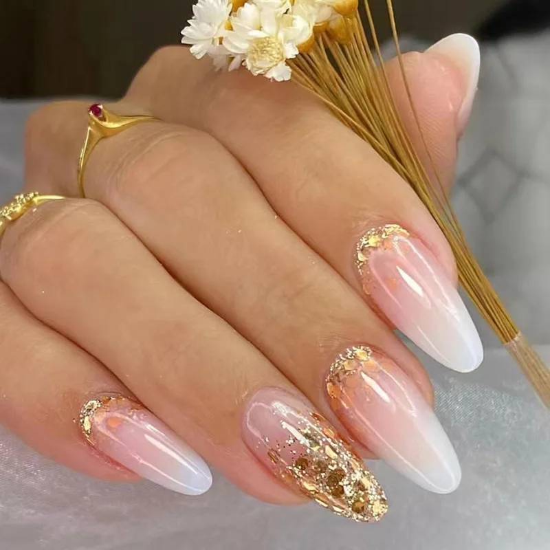 24-piece Long French Minimalist Flash Gold Nails with 1 Jelly Gel and 1 Nail File