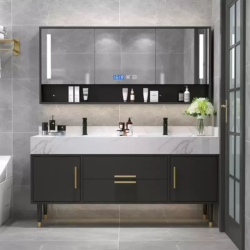 

Light luxury rock slab double basin bathroom cabinet combination modern simple bathroom solid wood washstand hand washbasin