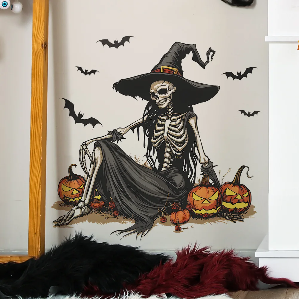 Creative new Halloween witch skeleton pumpkin bat living room porch background decorative wall stickers sell well