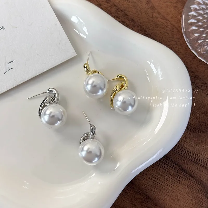 Earrings Pearl Double Clasp Mini Minimalist Unique Versatile Glossy White Dangle Stud Lightweight Alloy Daily Wear Elegant