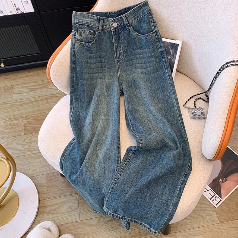 

Y2K Female Harajuku Wind Blue High Street Jeans for Women High Pants Wide Leg Pants Vintage Straight Summer Baggy Jeans Trousers