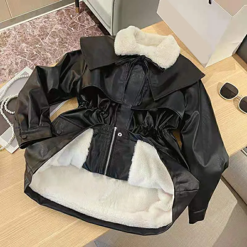 

Women's Long PU Leather Fur Jacket, Female Fleece Coats, Winter