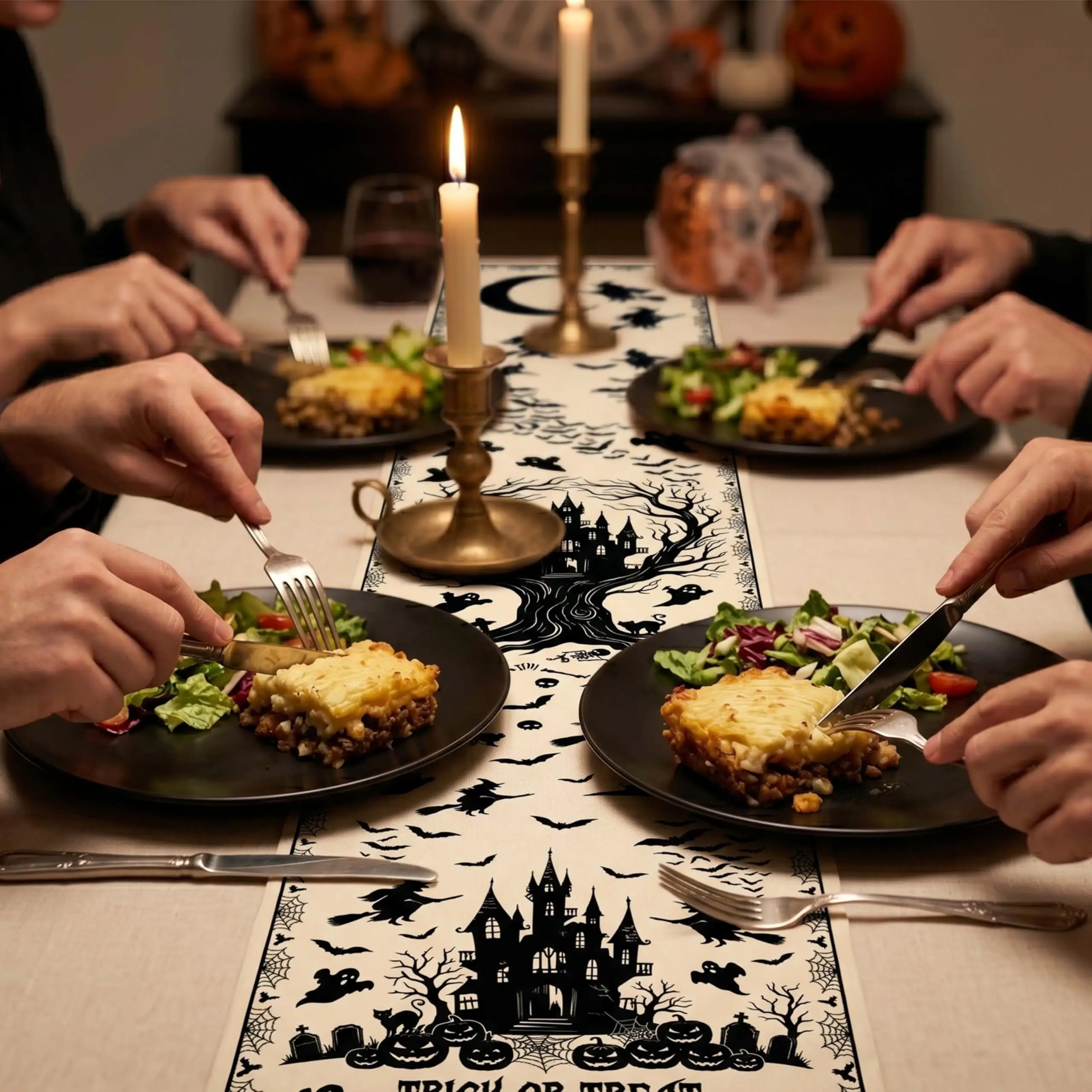 Halloween Table Runner Vintage Gothic Raven Crow Floral HalloweTable Decor Antique Black Brown Tabletop Decoration for Halloween