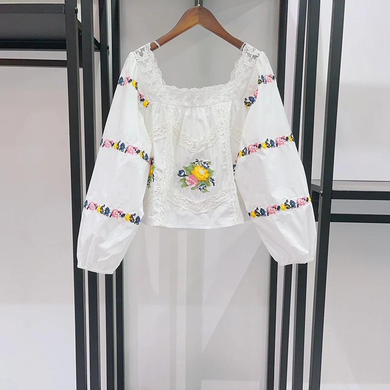 

Ele Lady Lace Hollow out Cross Stitch Bubble Sve irt French Sle Loose Fit Cotton Long Sve Square Collar Top