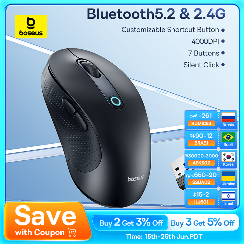 Baseus F02 Wireless Mouse Bluetooth 5.2 2.4G 4000DPI Ergonomic 7 Mute Buttons Mice for iPad MacBook Tablet Laptop Computer Mouse