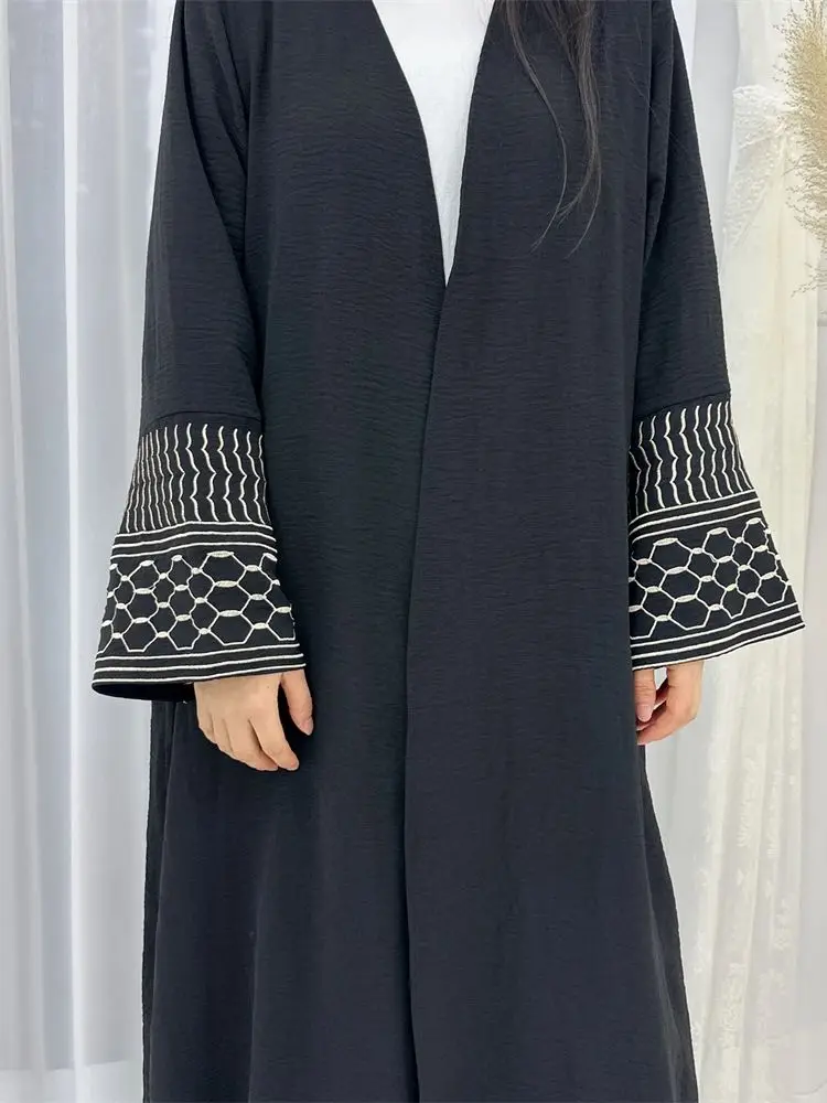 Ramadan Black White Dubai Linen Kimono Abaya Dresses Islam Clothing For Women Turkey Arabic Muslim Dress Robe Musulmane Femme