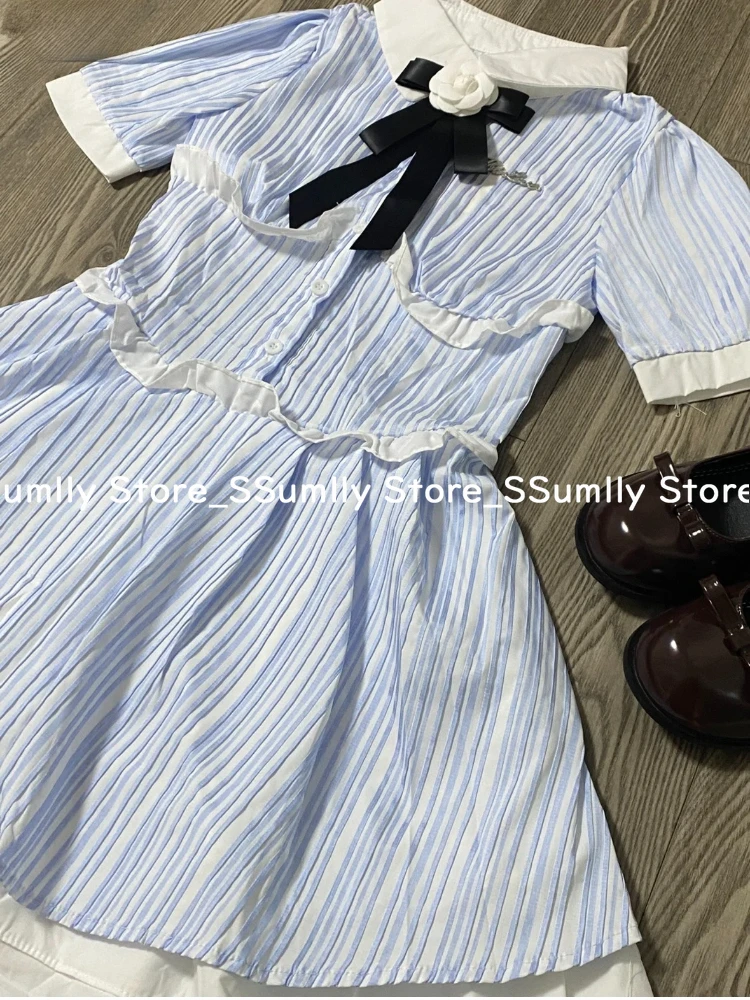 Abito da donna con fiocco in stile college dolce giapponese, abiti eleganti slim a righe blu, ragazza della scuola, collo alto, abbigliamento da principessa 2025 Nuovo