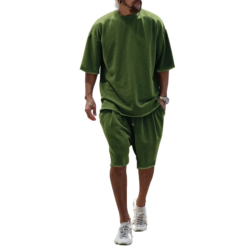 Summer Simple Style Sports Two-piece Sets Casual Men's O Neck T-Shirt Loose Waist Lace-up Shorts Solid Color Hip Hop Male Suit 2