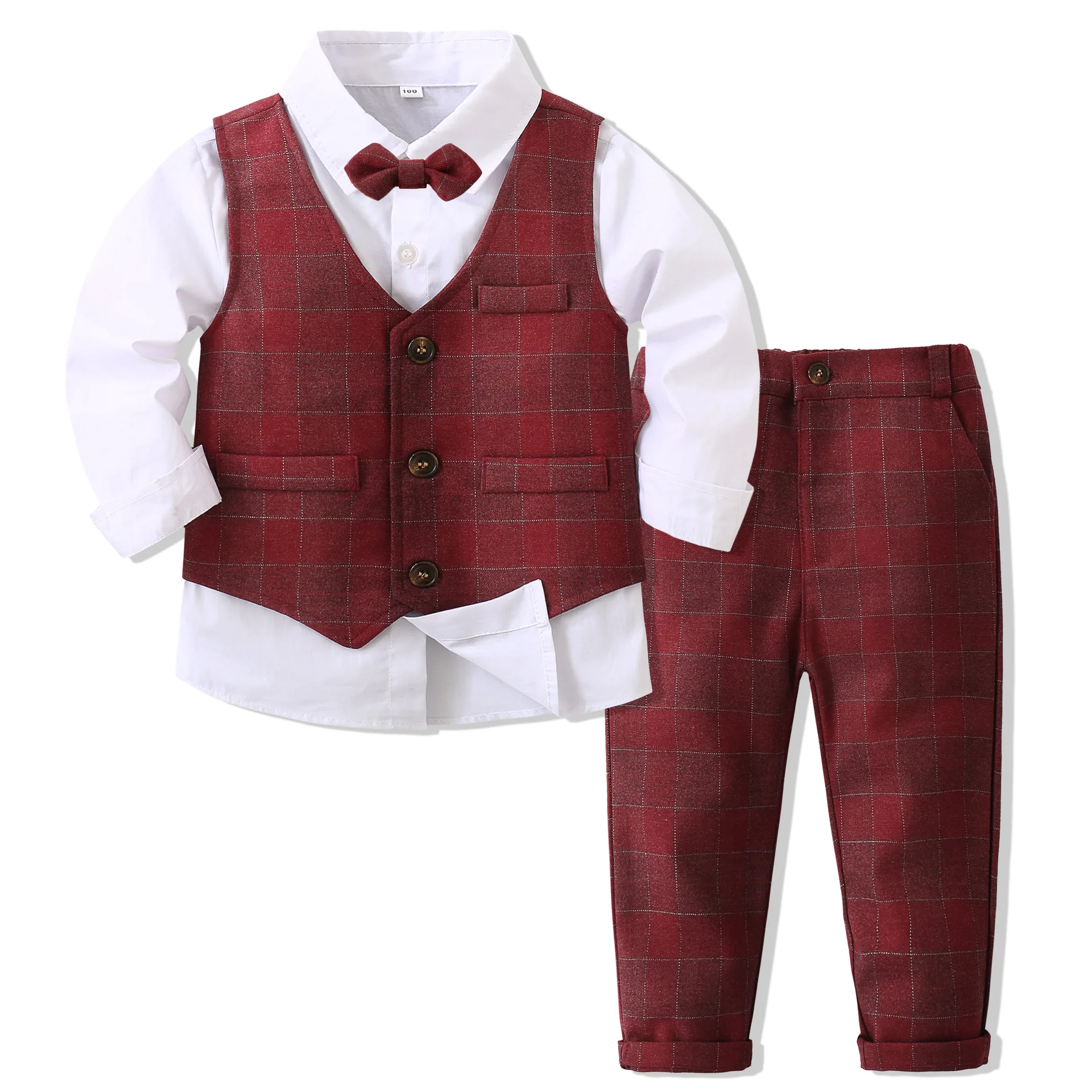 

New Kids Boy Gentleman Clothing Set Long Sleeve Shirt+Waistcoat+Pants and Bow Tie Boy Outfits for Wedding Party Dress Outfits