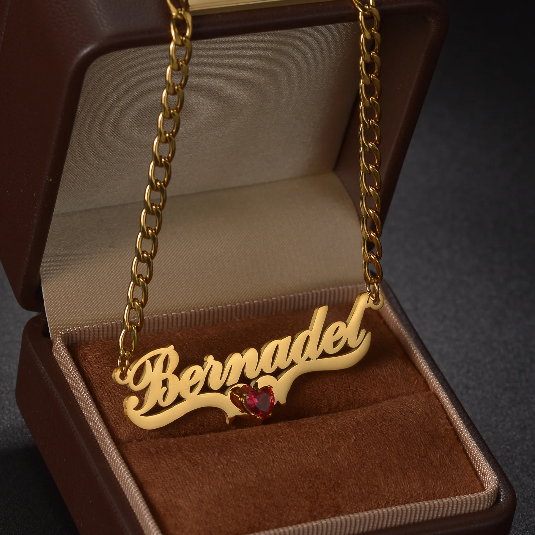 Atoztide Set Perhiasan Anting Kalung Nama Kustom untuk Wanita Hadiah Ulang Tahun Rantai Kuba Baja Tahan Karat Hati Batu Yang Dipersonalisasi