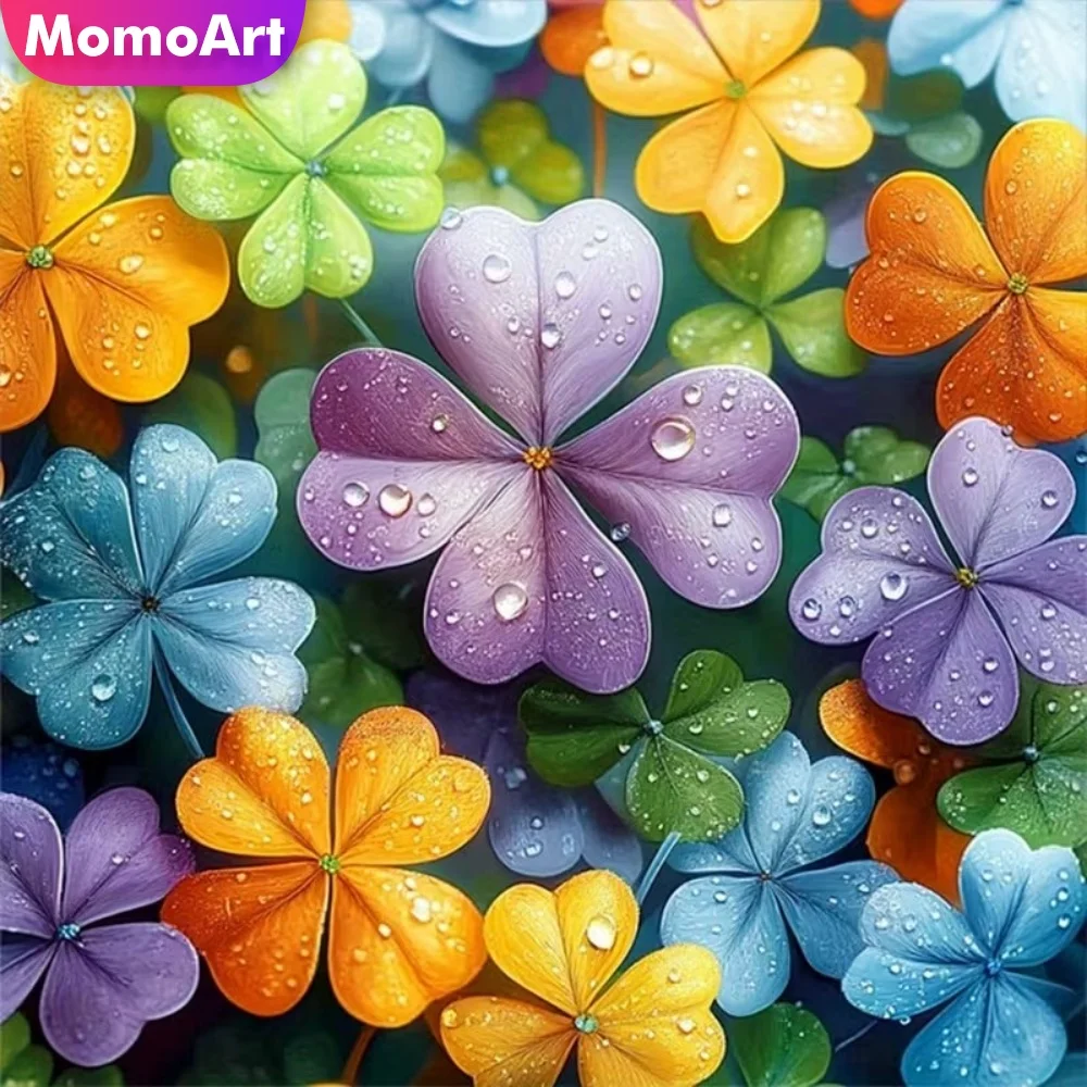 Momoart Diamant-Mosaik Vierblättriges Kleeblatt Bild Strass Diamantmalerei Pflanzenmuster Kreuzstich DIY Stickerei Kinder-Hobby