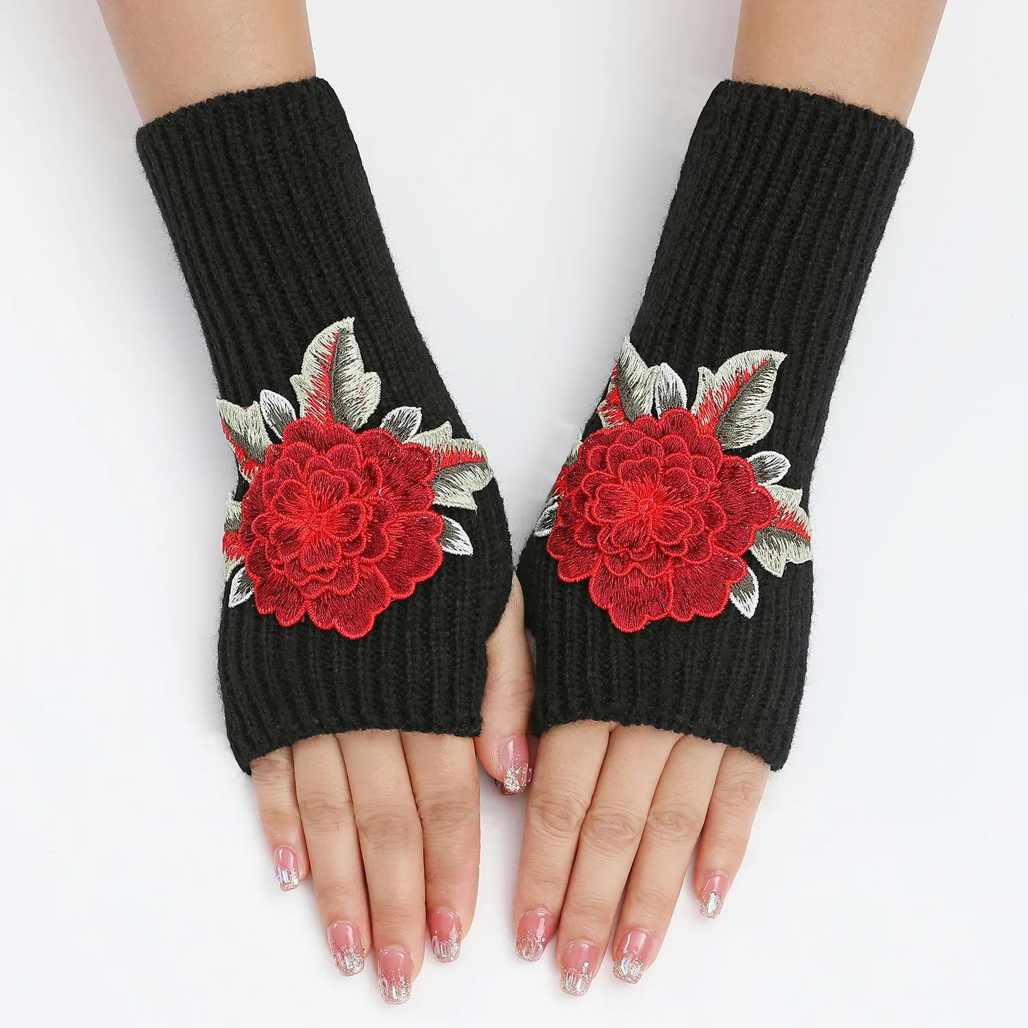 New Autumn Winter Women\'s Knitted Woolen Sleeve Fingerless Embroidery Gloves Stylish Warm Short Wrist Bracelet Flower Gloves